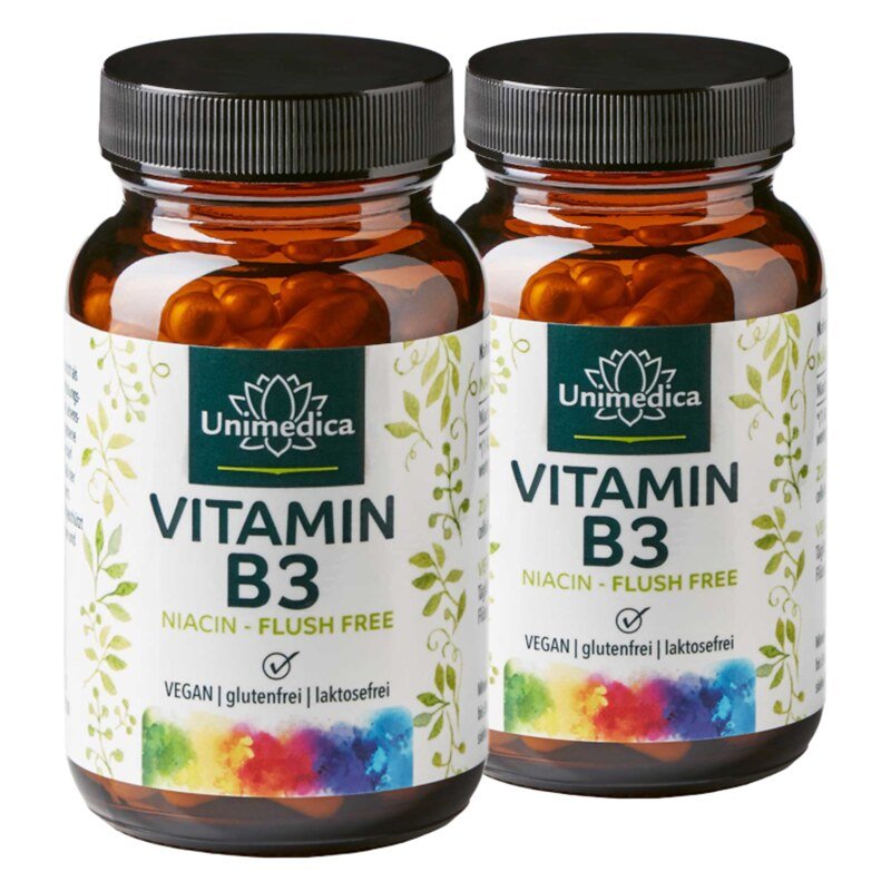 2er-Sparset: Vitamin B3 Niacin "Flush Free" - 500 mg pro Tagesdosis (1 Kapsel) - 2 x 90 Kapseln - von Unimedica