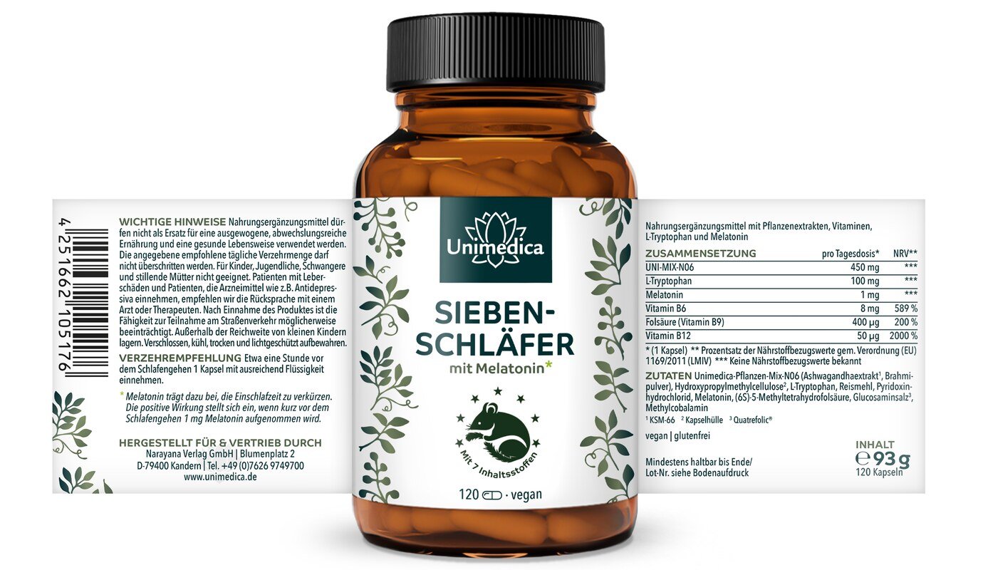 Siebenschläfer - Komplex mit Melatonin*, Vitaminen, L-Tryptophan, Bio Ashwagandha und Bio Brahmi - 120 Kapseln - von Unimedica