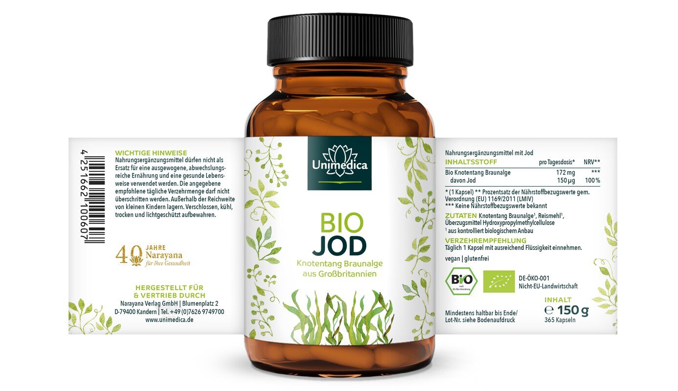 Bio Jod Kapseln - 150 µg natürliches Jod aus Knotentang Braunalgen - 365 Kapseln - von Unimedica