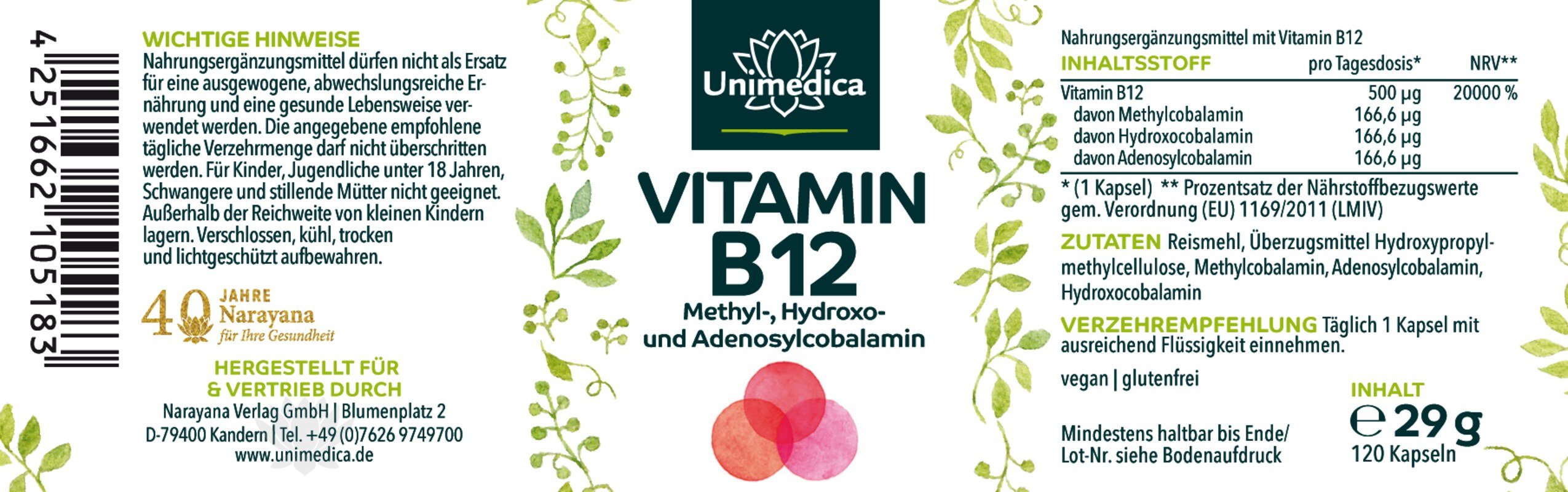 Vitamin B12 mit 3 Cobalamin-Formen - 500 µg pro Tagesdosis (1 Kapsel) - 120 Kapseln - von Unimedica
