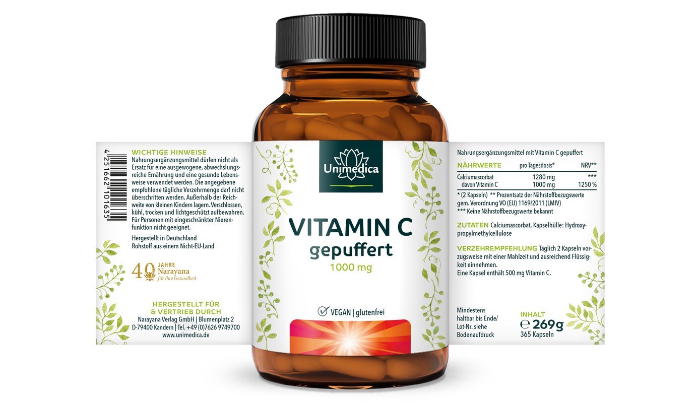 Vitamin C gepuffert - 1.000 mg pro Tagesdosis (2 Kapseln) - 99 % Reinheit - 365 Kapseln - von Unimedica