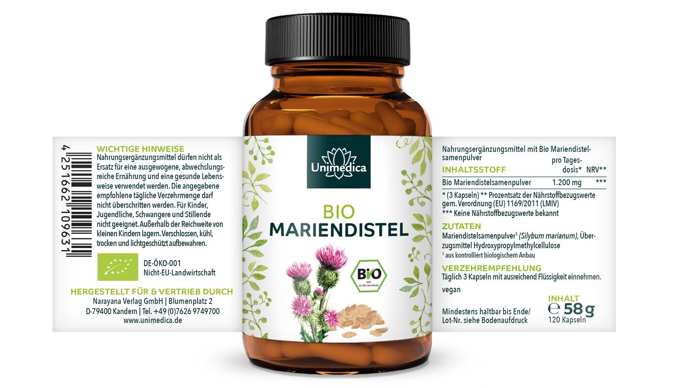 Bio Mariendistel - vegan - ohne Zusätze - 120 Kapseln - von Unimedica