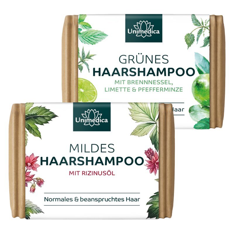 Sparset: Mildes Haarshampoo + Grünes Haarshampoo - 2 x 100 g - von Unimedica