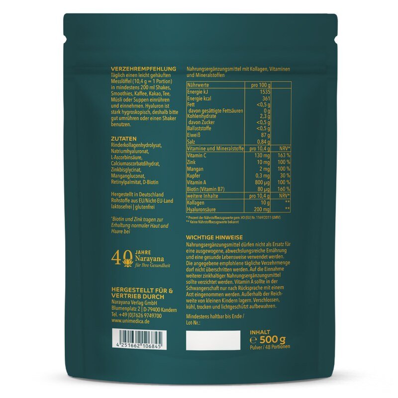 Uniglow Beauty Kollagen - Komplex mit Kollagen aus Grasfütterung + Vitamin C, Biotin und Zink -  500 g Pulver - von Unimedica