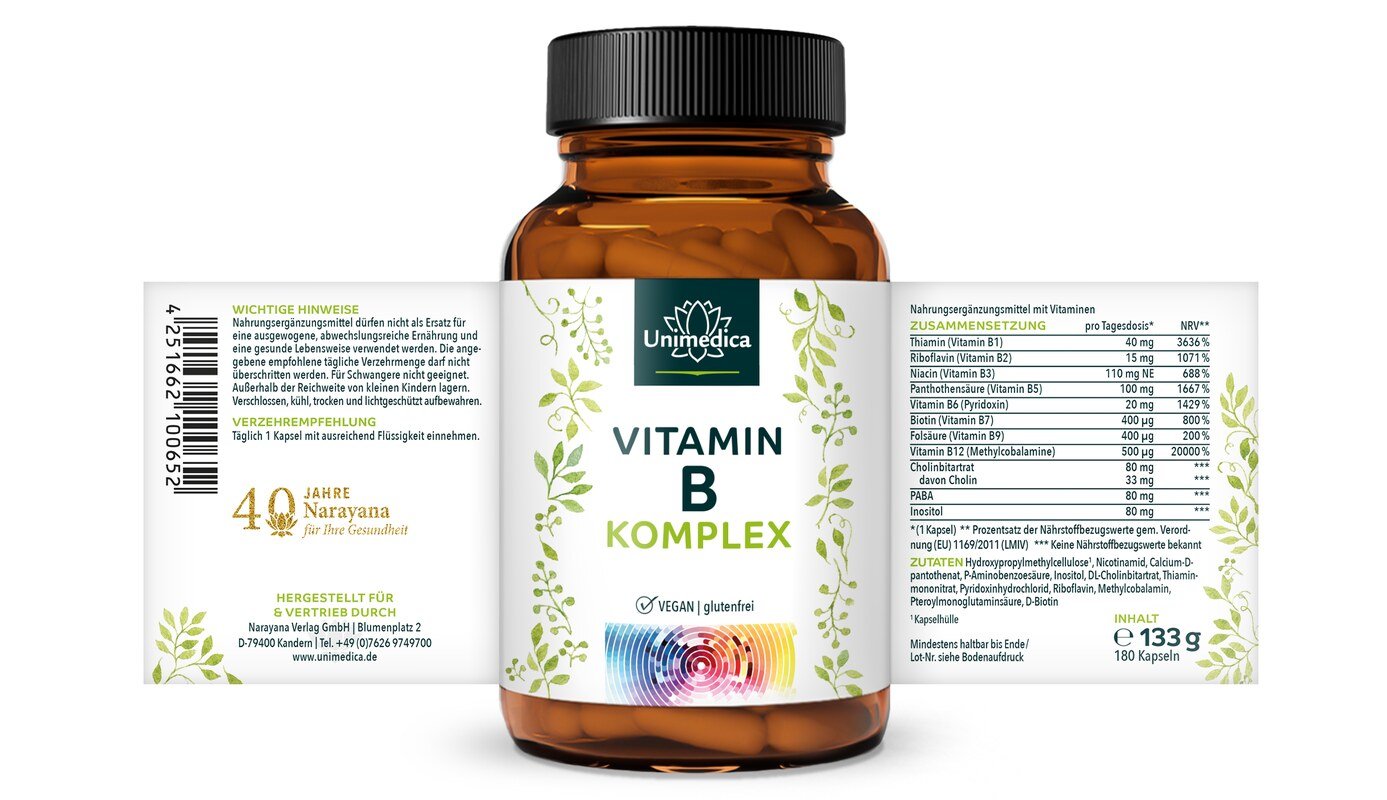 Vitamin B Komplex - hochdosiert - 180 Kapseln - mit Kofaktoren - von Unimedica