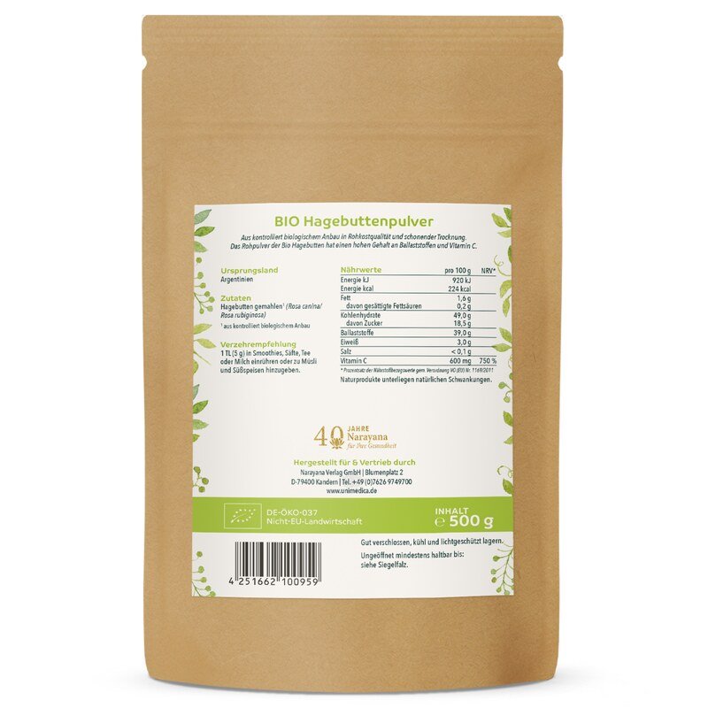 Bio Hagebuttenpulver - natürliches Vitamin C - ballaststoffreich - 500 g - von Unimedica