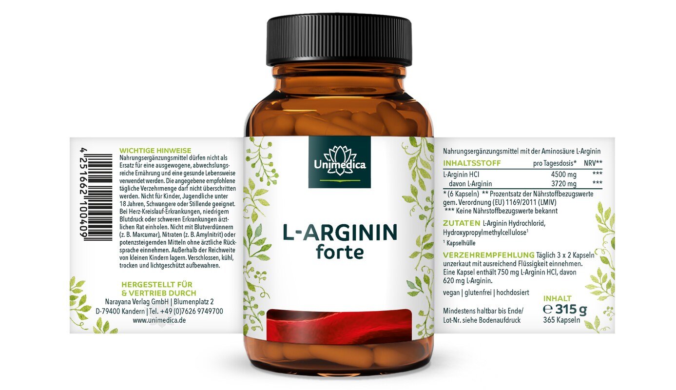 2er-Sparset: L-Arginin forte - 3720 mg pro Tagesdosis (6 Kapseln) - aus natürlicher Fermentation - hochdosiert - vegan - 2 x 365 Kapseln - von Unimedica