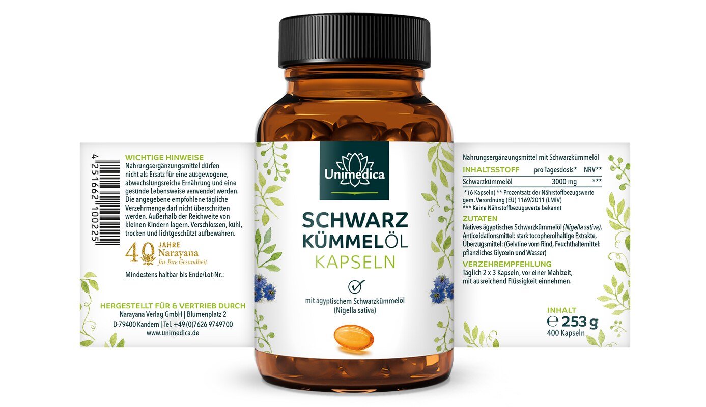 Schwarzkümmelöl Softgelkapseln - 3.000 mg pro Tagesdosis (2 x 3 Kapseln) - 400 Softgelkapseln - von Unimedica
