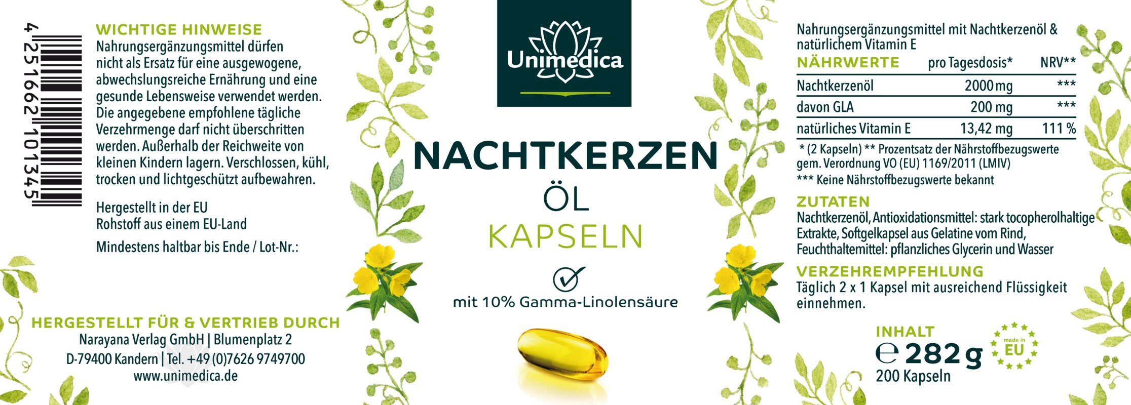 Nachtkerzenöl - 2.000 mg pro Tagesdosis (2 Kapseln) - mit 10 % Gamma-Linolensäure - 200 Softgelkapseln - von Unimedica