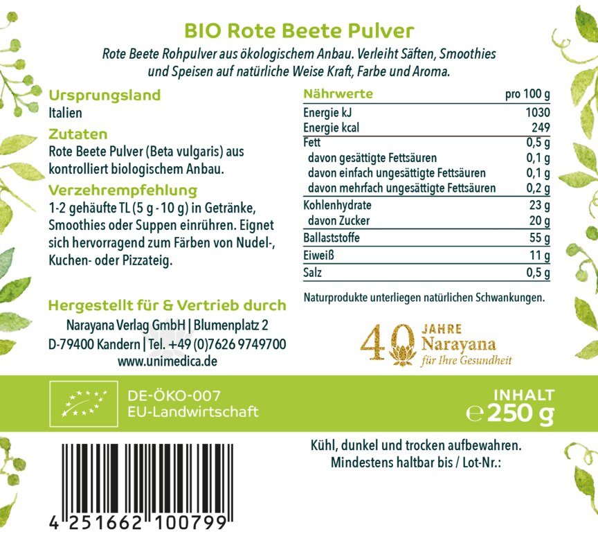 Bio Rote Beete Pulver - aus Italien - 250 g - von Unimedica