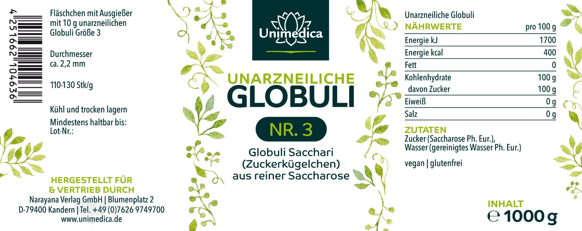 Fläschchen mit Ausgießer - mit 10 g unarzneilichen Globuli der Größe 3 - 100 Stück - von Unimedica
