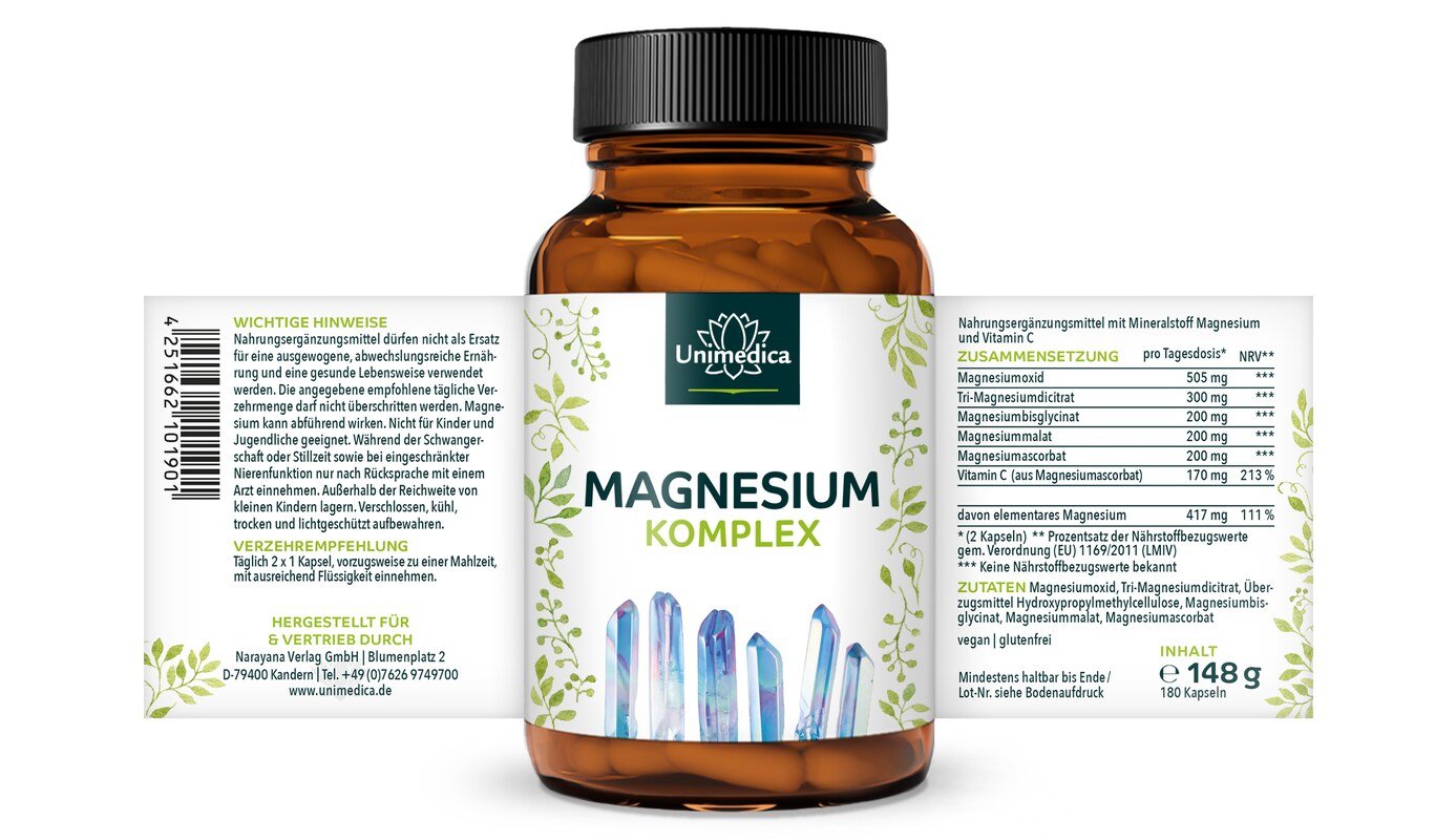 Magnesium Komplex - 417 mg elementares Magnesium pro Tagesdosis (2 Kapseln) - 180 Kapseln - von Unimedica