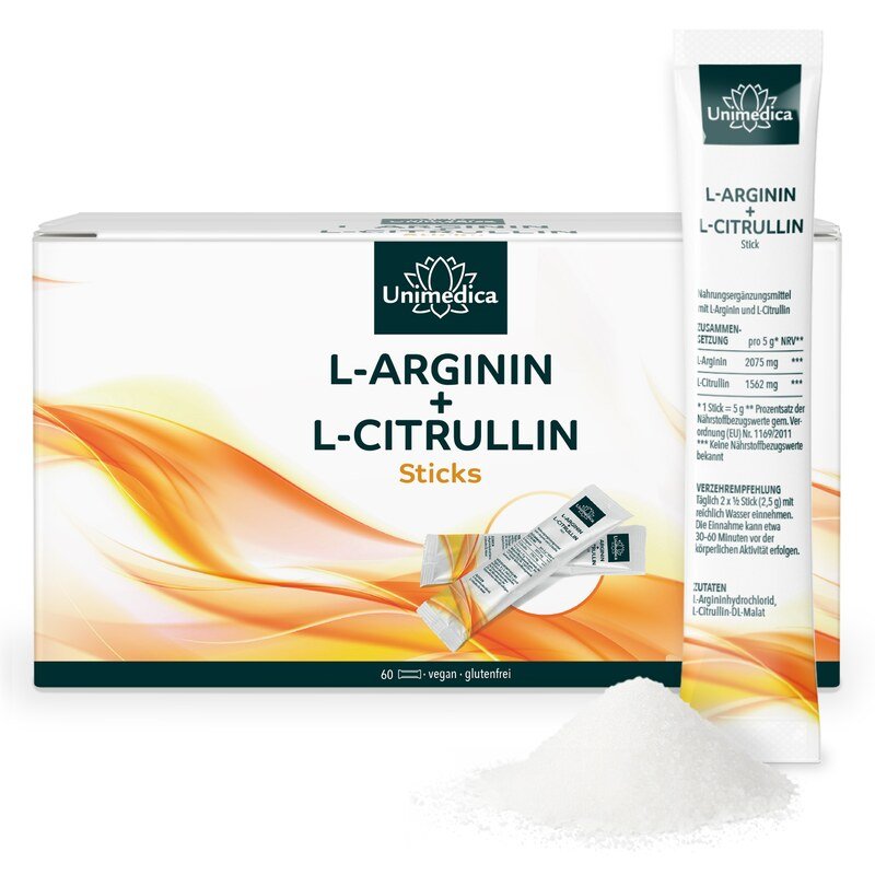 L-Arginin + L-Citrullin Pulver - vegan - 60 Sticks - von Unimedica