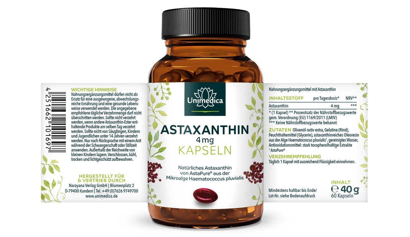 Astaxanthin - AstaPure® - 4 mg (1 Kapsel) - 60 Softgelkapseln - von Unimedica