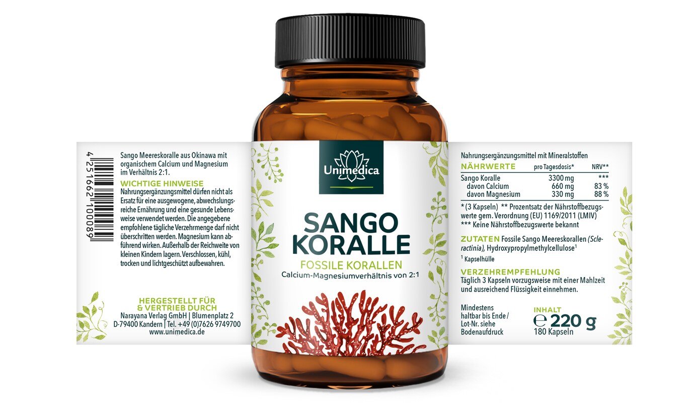 2er-Sparset: Sango Koralle - fossile Korallen aus Okinawa (Japan) - 3.300 mg pro Tagesdosis (3 Kapseln) - 2 x 180 Kapseln - von Unimedica