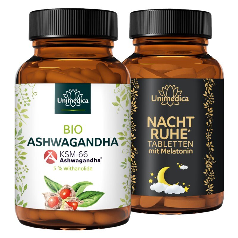 Set: Nachtruhe Tabletten mit Melatonin + Bio Ashwagandha KSM 66®  - 180 Tabletten + 120 Kapseln - von Unimedica