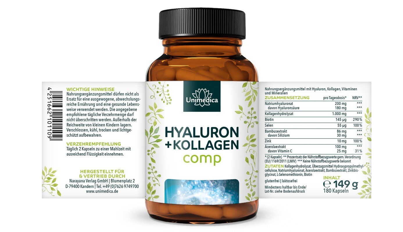 Hyaluron + Kollagen comp - mit Silizium aus Bambus, Vitaminen und Mineralien - 180 Kapseln - von Unimedica