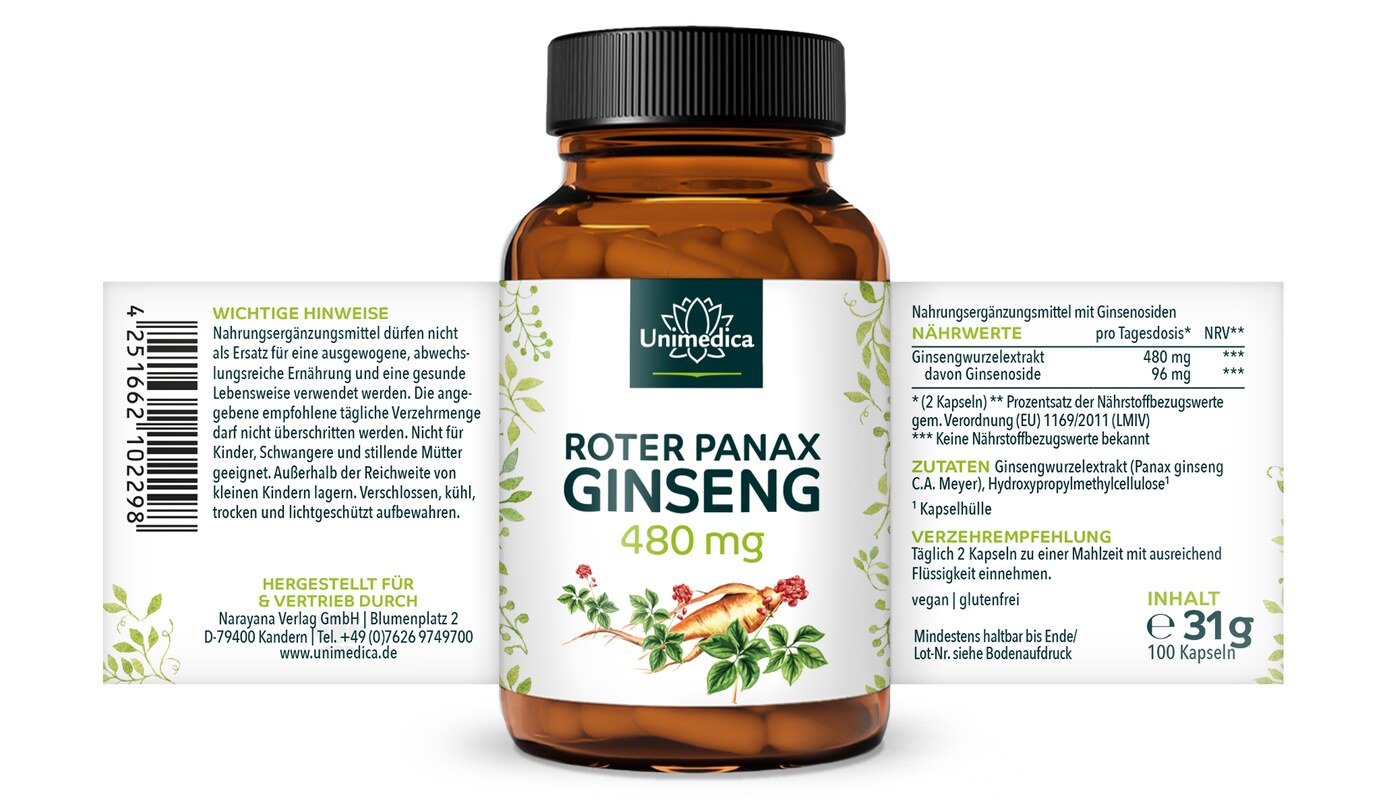 Roter Panax Ginseng Extrakt - koreanischer Ginseng C.A. Meyer - 480 mg pro Tagesdosis (2 Kapseln) - 20 % Ginsenoside - 100 Kapseln - von Unimedica