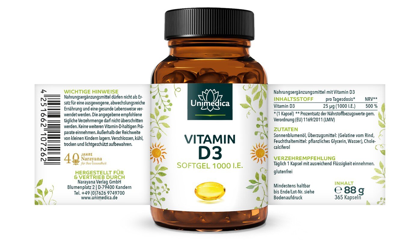 Vitamin D3 Softgel  - 25 µg (1.000 I.E.) pro Tagesdosis (1 Kapsel) - 365 Kapseln - von Unimedica