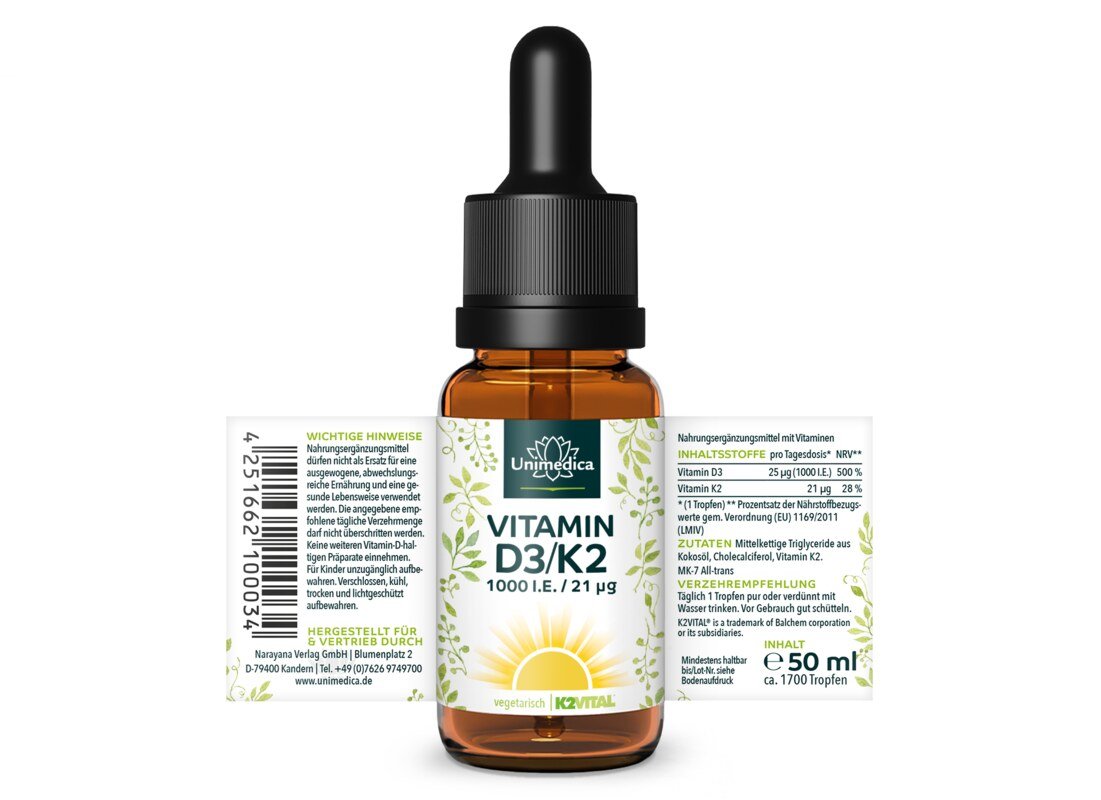 Sparset: Vitamin D3 / K2 MK7 All-trans Tropfen - 50 ml UND - Magnesium forte - 400 mg - 365 Kapseln im Set - von Unimedica