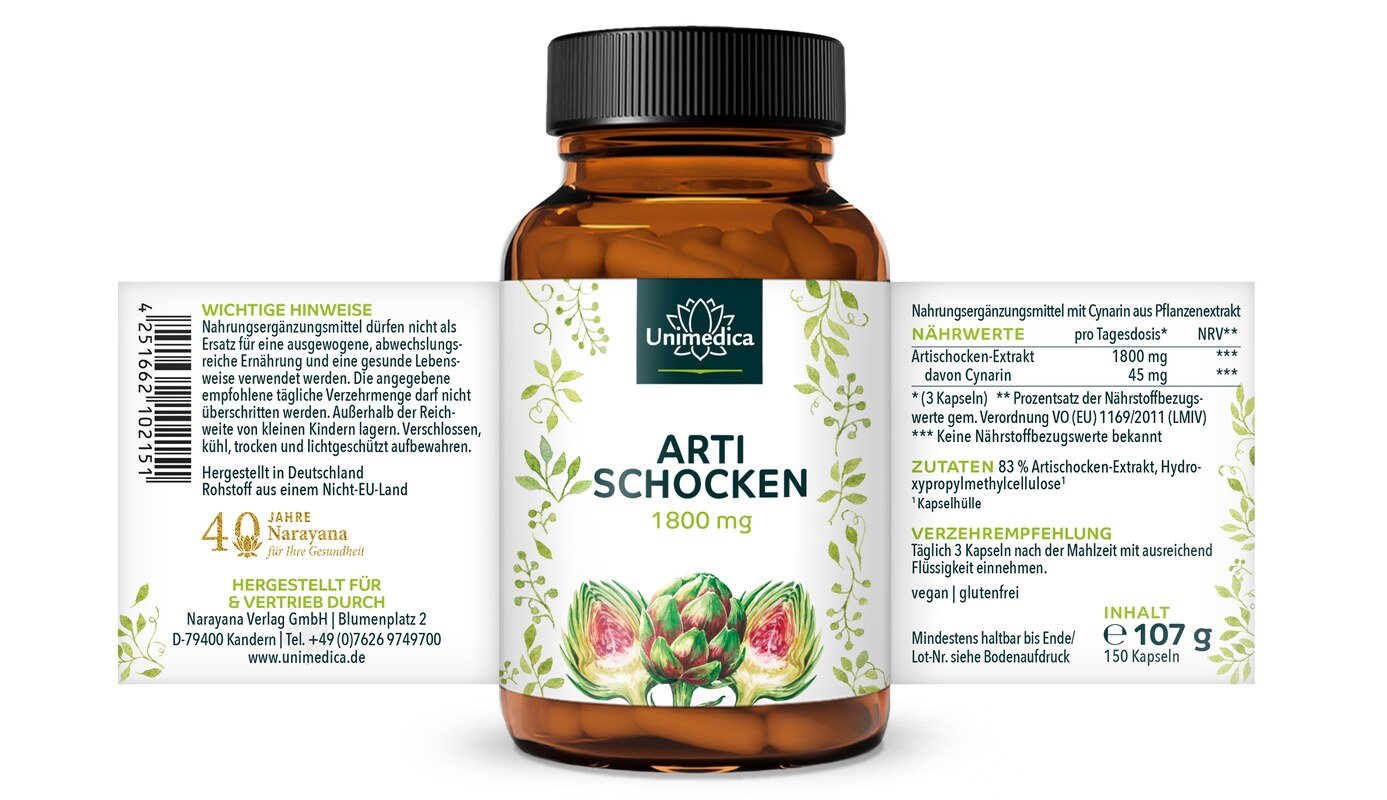Artischockenextrakt - 1.800 mg pro Tagesdosis (3 Kapseln) - 150 Kapseln - von Unimedica