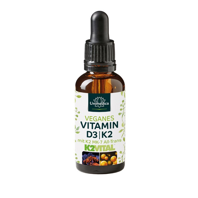 Veganes Vitamin D3 / K2 mit D3 aus Flechten mit K2Vital von Kappa - D3 1.000 I.E. 25 µg / K2 21 µg (1 Tropfen) pro Tagesdosis- 30 ml - von Unimedica