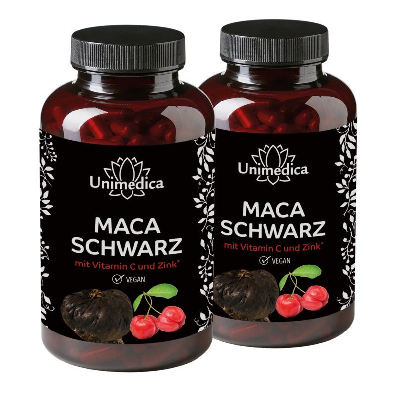 2er-Sparset: Schwarzes Maca mit Vitamin C aus Acerola und Zink - 3.000 mg pro Tagesdosis (4 Kapseln) - 2 x 180 Kapseln - von Unimedica