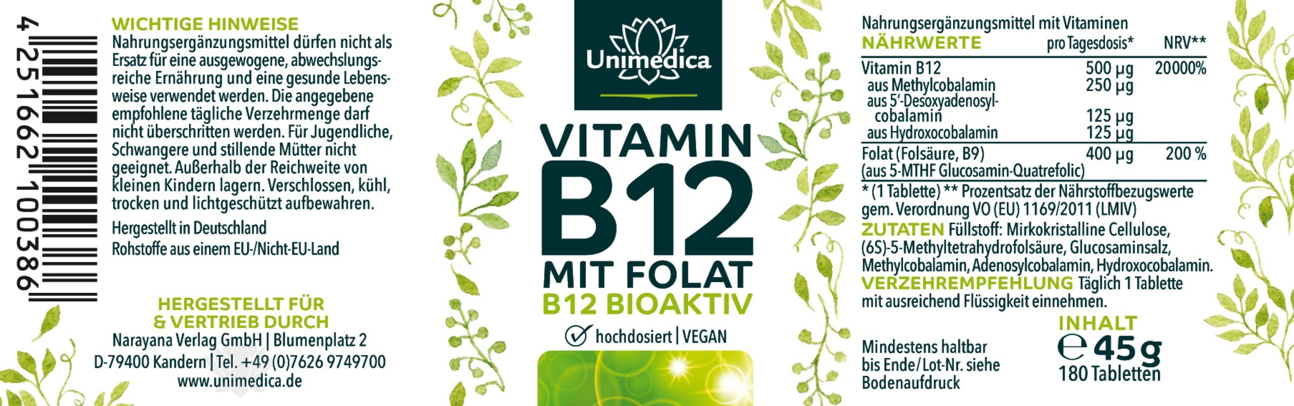 Vitamin B12 mit Folat - 500 µg B12 und 400 µg Folat pro Tagesdosis (1 Tablette) - 180 Tabletten - von Unimedica