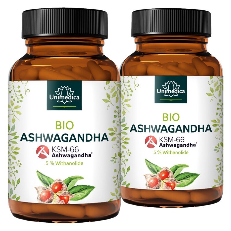 2er-Sparset: Bio Ashwagandha KSM 66® - 500 mg pro Tagesdosis (1 Kapsel) - 5 % Withanolide - 2 x 120 Kapseln - von Unimedica