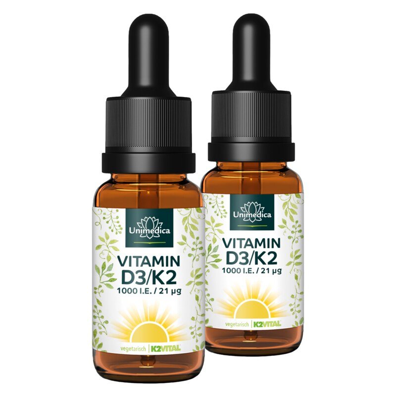 2er-Sparset: Vitamin D3 / K2 MK7 All-trans - K2VITAL® - D3 1000 I.E. 25 µg / K2 21 µg pro Tagesdosis (1 Tropfen) - 2 x 50 ml - von Unimedica