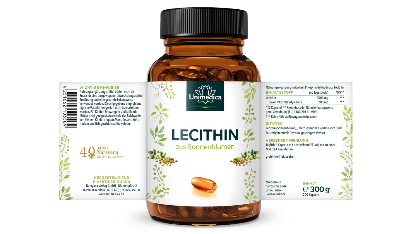 Lecithin - aus Sonnenblumen - 2.000 mg pro Tagesdosis (2 Kapseln) - 200 Softgelkapseln - von Unimedica