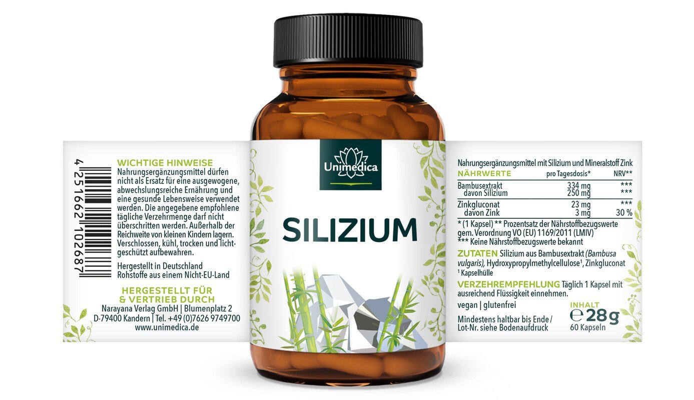 2er-Sparset: Silizium aus Bambusextrakt mit Zink - 250 mg Silizium pro Tagesdosis (1 Kapsel) - 2 x 60 Kapseln - von Unimedica