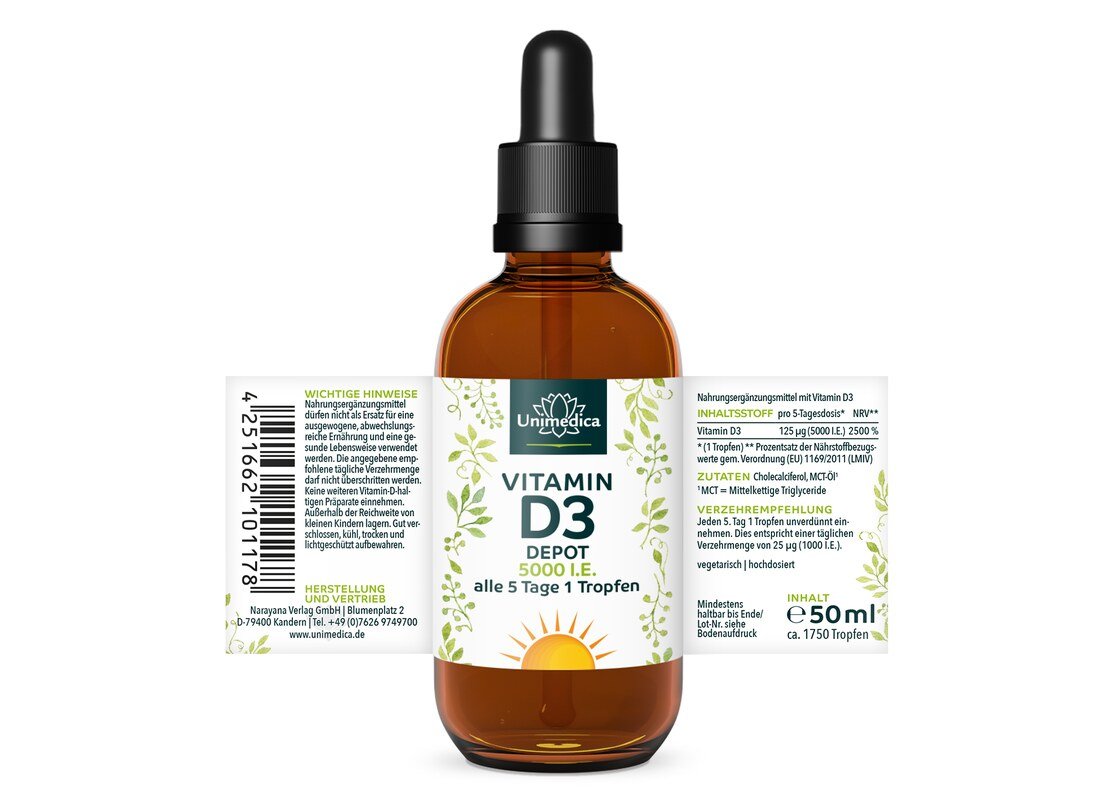 Vitamin D3 Tropfen - 5.000 I.E. - DEPOT - 125 µg pro 5-Tagesdosis (1 Tropfen) - hochdosiert - 50 ml - von Unimedica