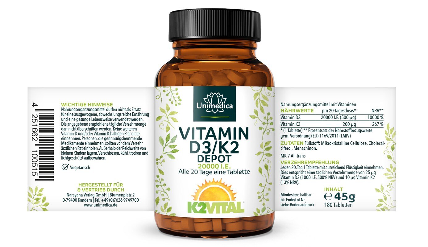 Vitamin D3 / K2 MK7 All-trans Depot - D3 20.000 I.E. 500µg / K2 200 µg (1 Tablette) - 180 Tabletten - von Unimedica