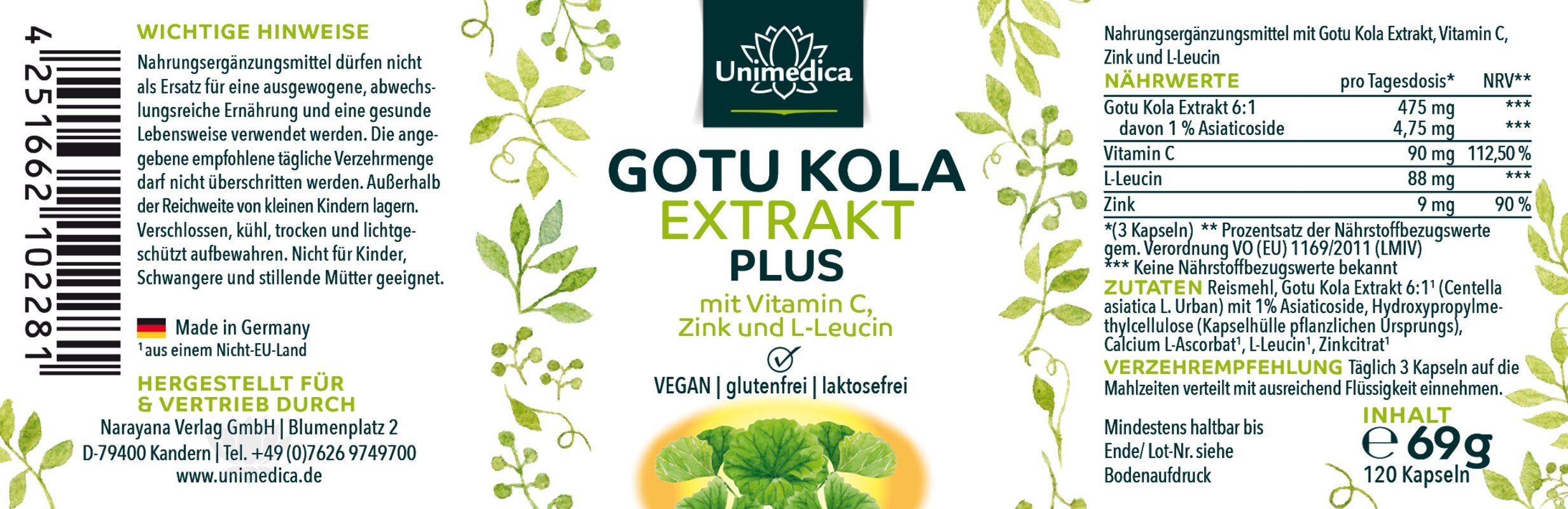 2er-Sparset: Gotu Kola Extrakt Plus - mit Vitamin C, Zink und L-Leucin - 2 x 120 Kapseln - von Unimedica