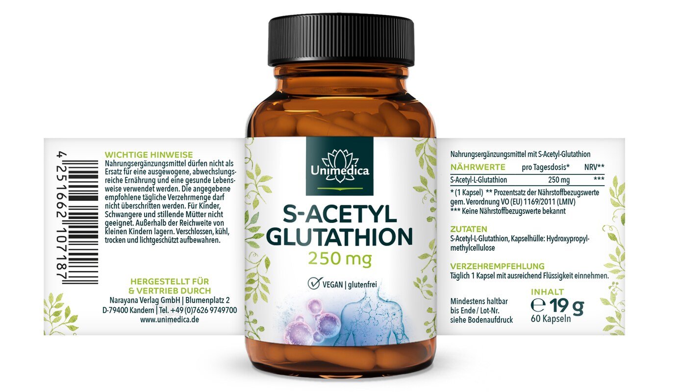 2er-Sparset: S-Acetyl-Glutathion - stabile Glutathionform - 250 mg pro Tagesdosis (1 Kapsel) - hochdosiert - 2 x 60 Kapseln - von Unimedica