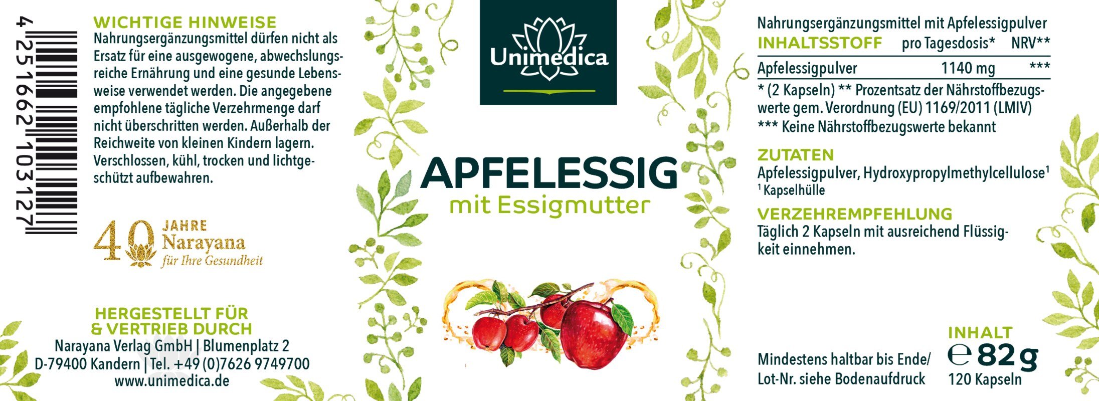 2er-Sparset: Apfelessig mit Essigmutter - 1140 mg Apfelessigpulver pro Tagesdosis (2 Kapseln) - 2 x 120 Kapseln - von Unimedica