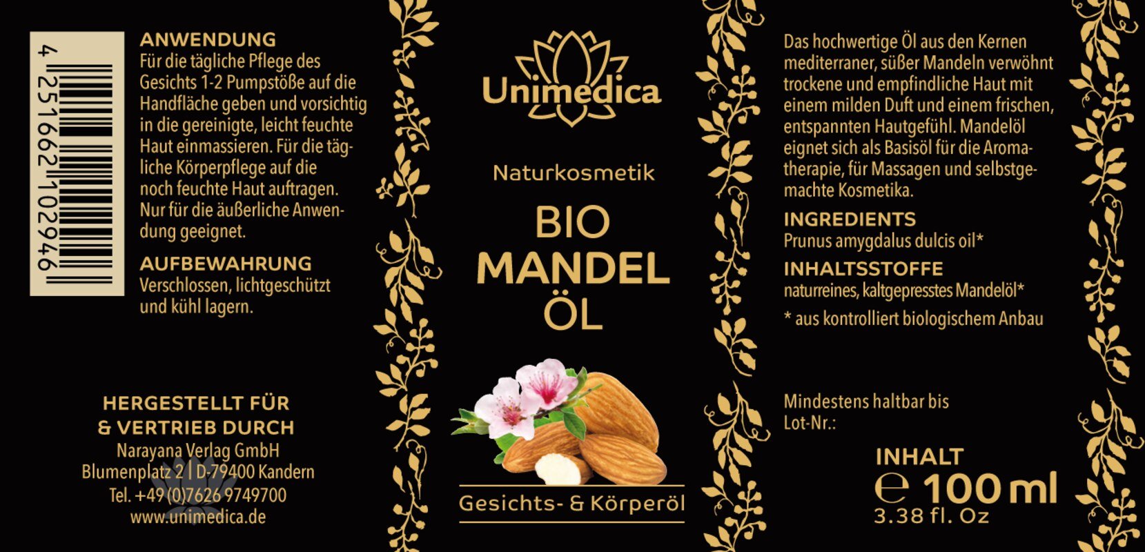 Bio Mandelöl - Gesichts- und Körperöl - 100 ml - von Unimedica