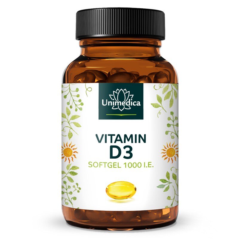 Vitamin D3 Softgel  - 25 µg (1.000 I.E.) pro Tagesdosis (1 Kapsel) - 365 Kapseln - von Unimedica