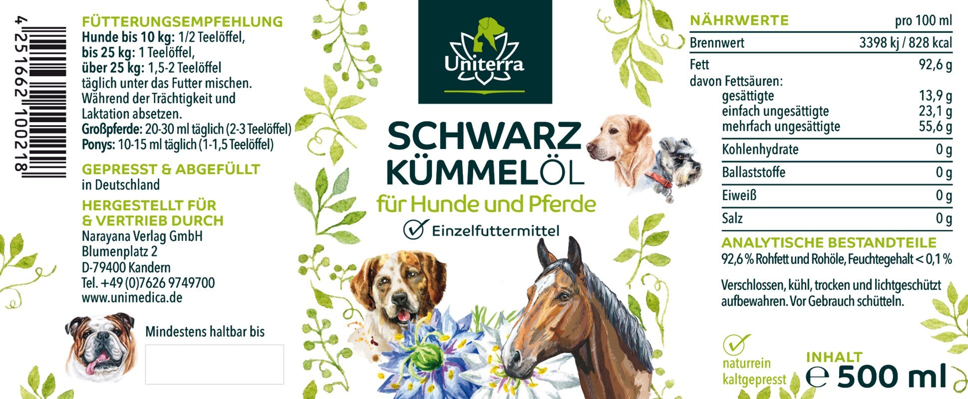 Schwarzkümmelöl für Hunde und Pferde - kaltgepresst - 500 ml - von Uniterra