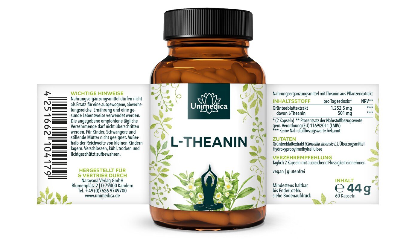 L-Theanin - aus Grüntee Blattextrakt - 501 mg pro Tagesdosis (2 Kapseln) - 60 Kapseln - von Unimedica
