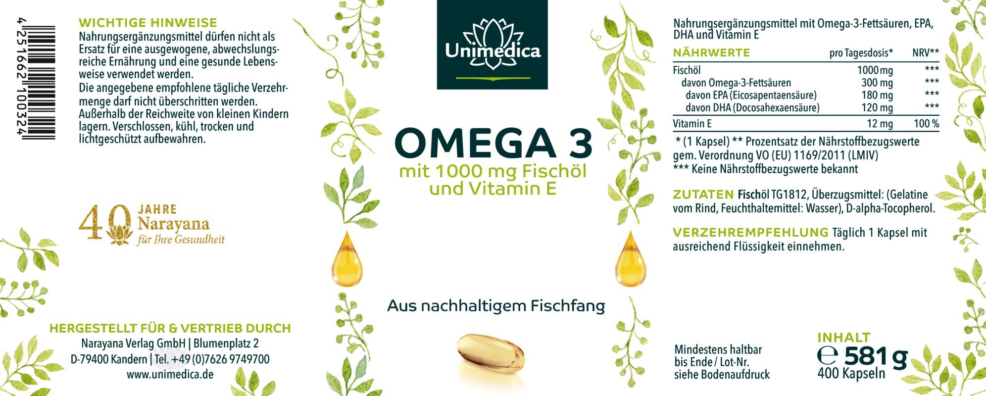 Omega 3 Fischöl - aus nachhaltigem Fischfang - 1000 mg pro Tagesdosis (1 Kapsel) - 400 Kapseln - von Unimedica - MHD: 31.08.2026
