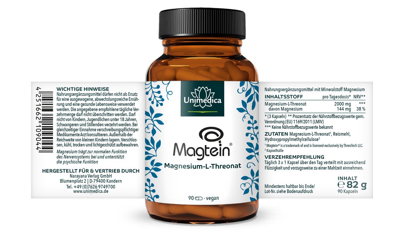 Magnesium L-Threonat - Magtein® - 144 mg Magnesium pro Tagesdosis (3 Kapseln) - 90 Kapseln  von Unimedica