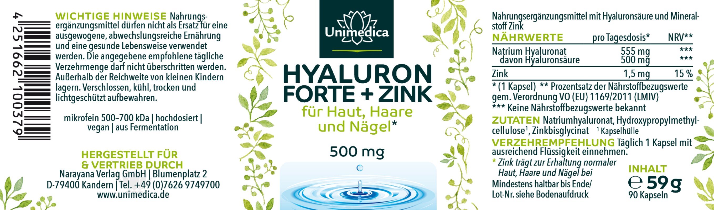 2er-Sparset: Hyaluron forte - mit Zink für Haut, Haare und Nägel* - 500 mg Hyaluron pro Tagesdosis (1 Kapsel) - hochdosiert - 2 x 90 Kapseln - von Unimedica