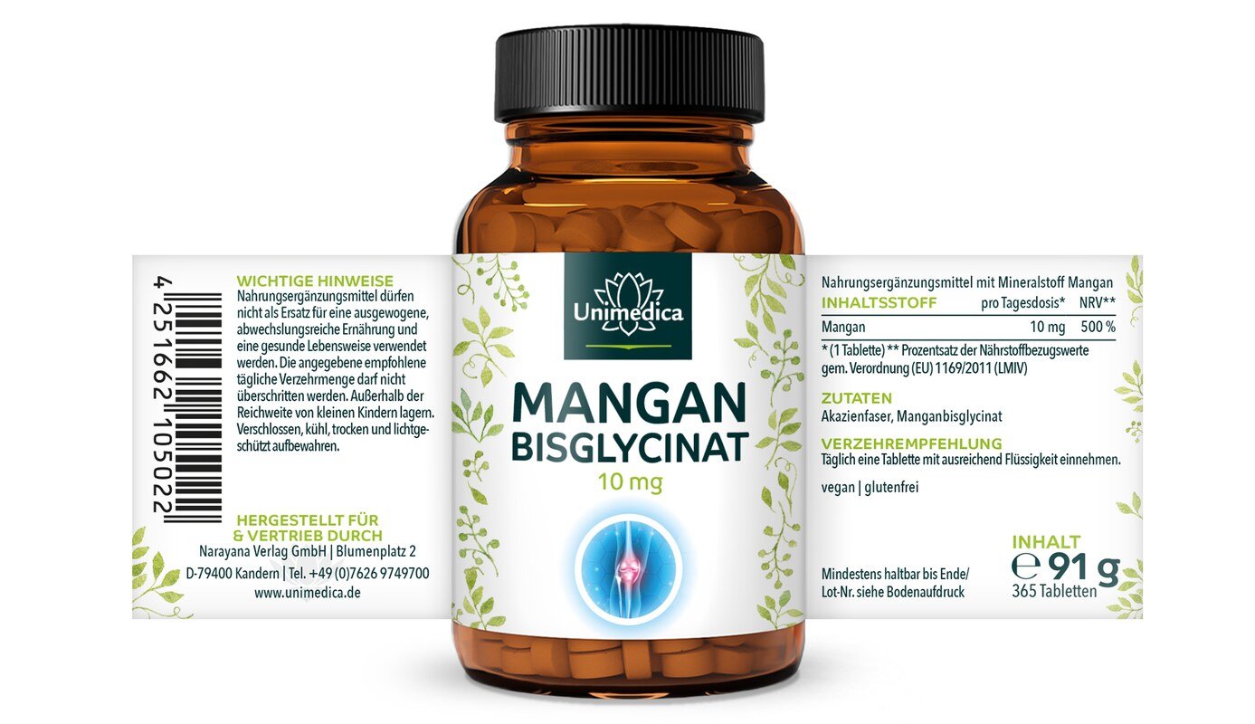 Mangan - 10 mg Mangan Bisglycinat pro Tagesdosis (1 Tablette) - hochdosiert - 365 Tabletten - von Unimedica