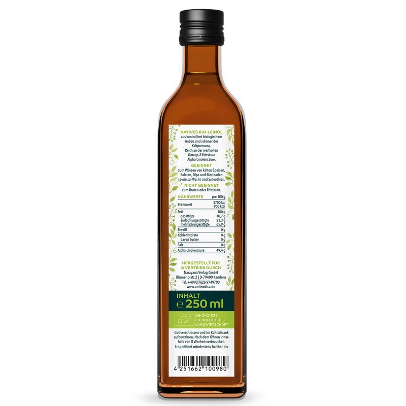 Bio Leinöl nativ - kaltgepresst - mit Alpha-Linolensäure - 250 ml - von Unimedica