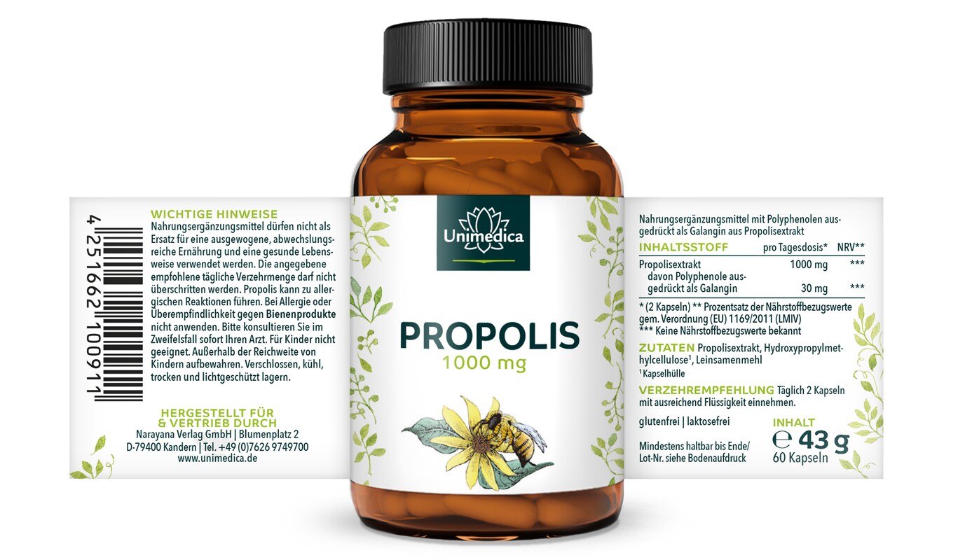 Propolis Kapseln - 1.000 mg Propolisextrakt pro Tagesdosis (2 Kapseln) - 60 Kapseln - von Unimedica