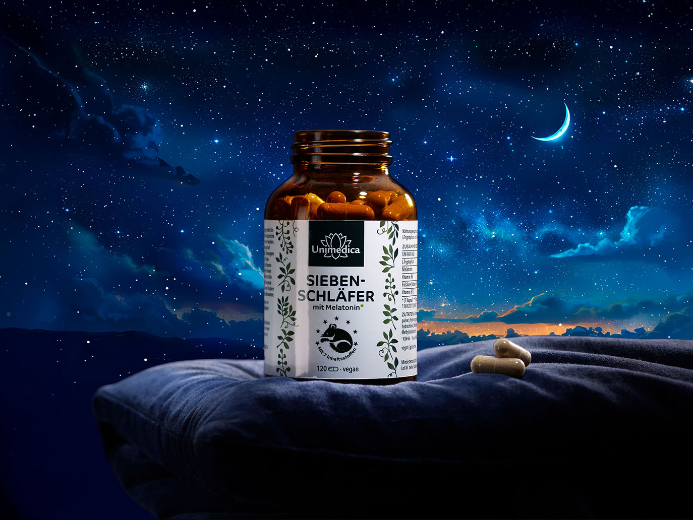 Siebenschläfer - Komplex mit Melatonin*, Vitaminen, L-Tryptophan, Bio Ashwagandha und Bio Brahmi - 120 Kapseln - von Unimedica