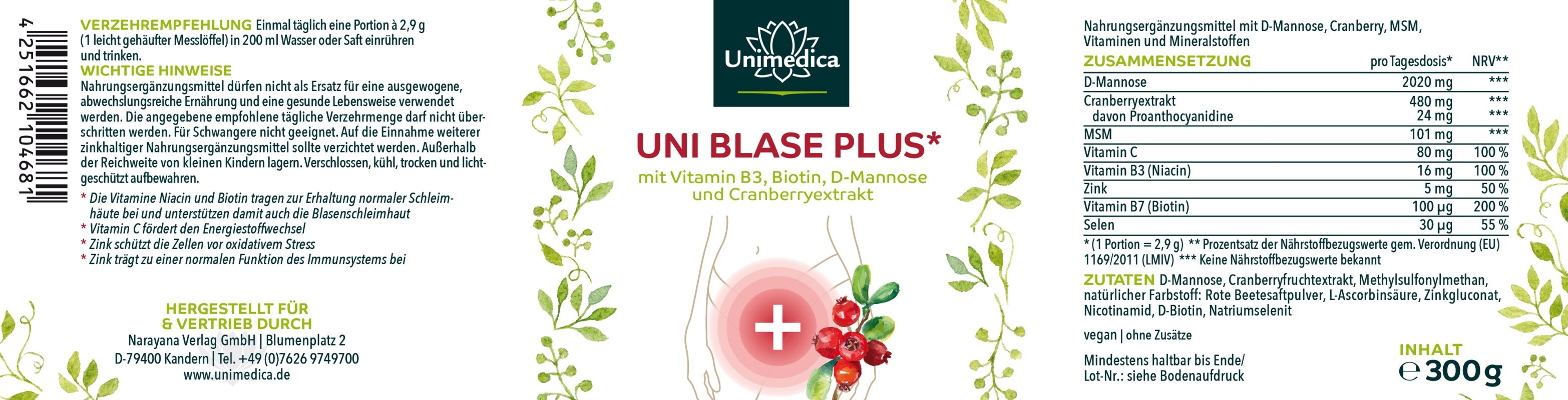 UniBlase Plus - Komplex mit D-Mannose, Cranberry, Vitamin C, B3 und B7 - 300 g Pulver - von Unimedica
