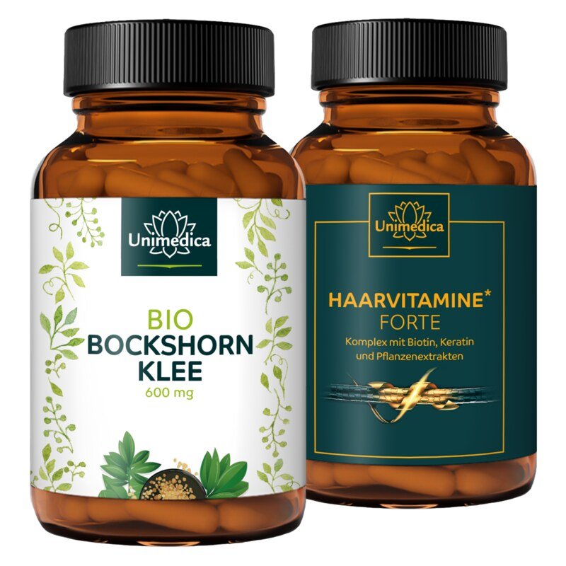 Sparset: Haarvitamin Kraftpaket - Haarvitamine forte - 180 Kapseln UND Bio Bockshornklee - 2.400 mg pro Tagesdosis - hochdosiert - 180 Kapseln - von Unimedica